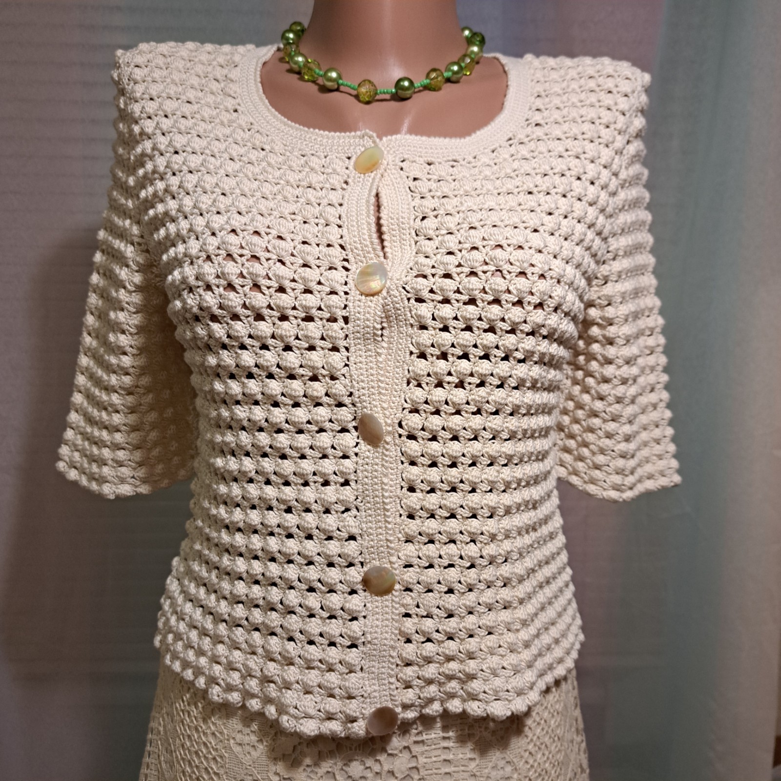 Vintage 80s 90s Handmade Crochet Cardigan Ivory MOP Buttons Ukrainian Handcraft