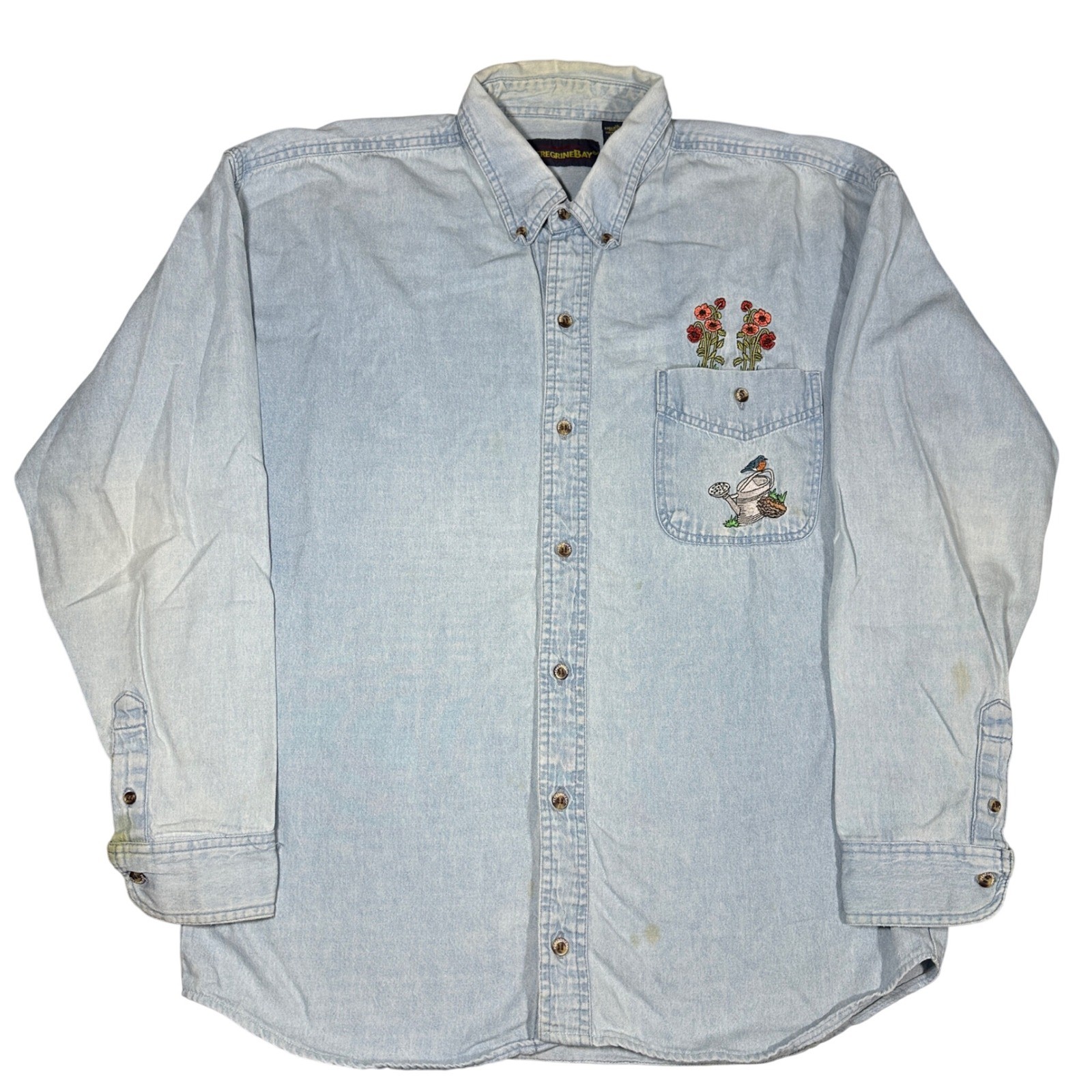 Vintage Cottage Core Denim Shirt Peregrine Bay XL Blue Embroidered Floral