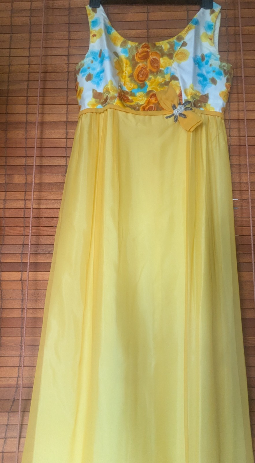 Vintage 1960s Emma Domb California Yellow Floral Chiffon Empire Maxi Gown USA 9