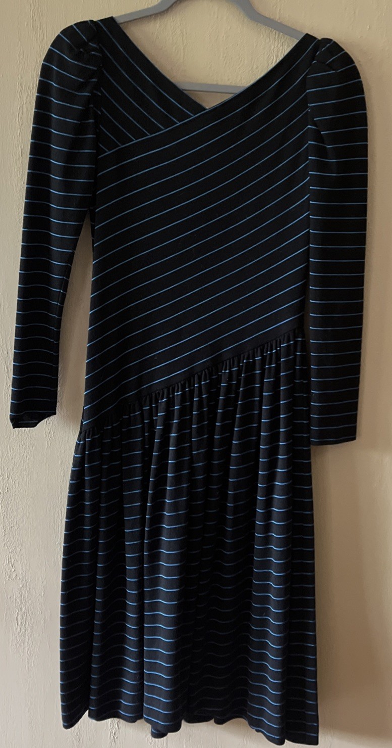 True Vtg Mid-century 1970s SAMUEL BLUE Drop Waist Full Skirt Dress MCM MOD
