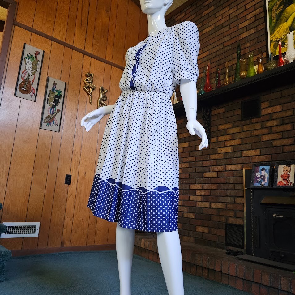 Vtg 80s Polka Dot Preppy Secretary Shirtwaist Blouson Modest Office Dress M/L