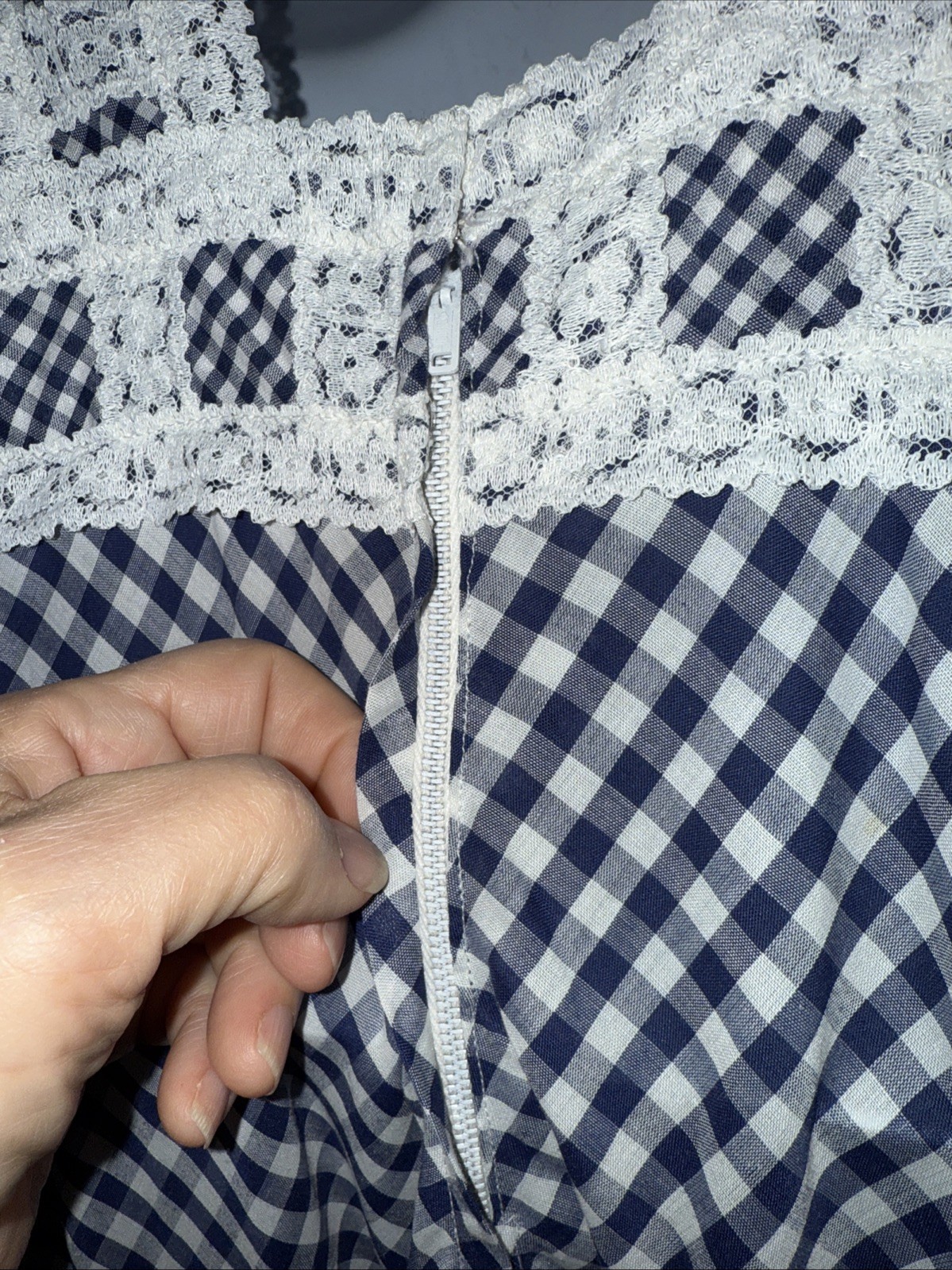 70s VTG Maxi Dress Blue White Gingham Lace Tiered Prairie CottageCore Unique