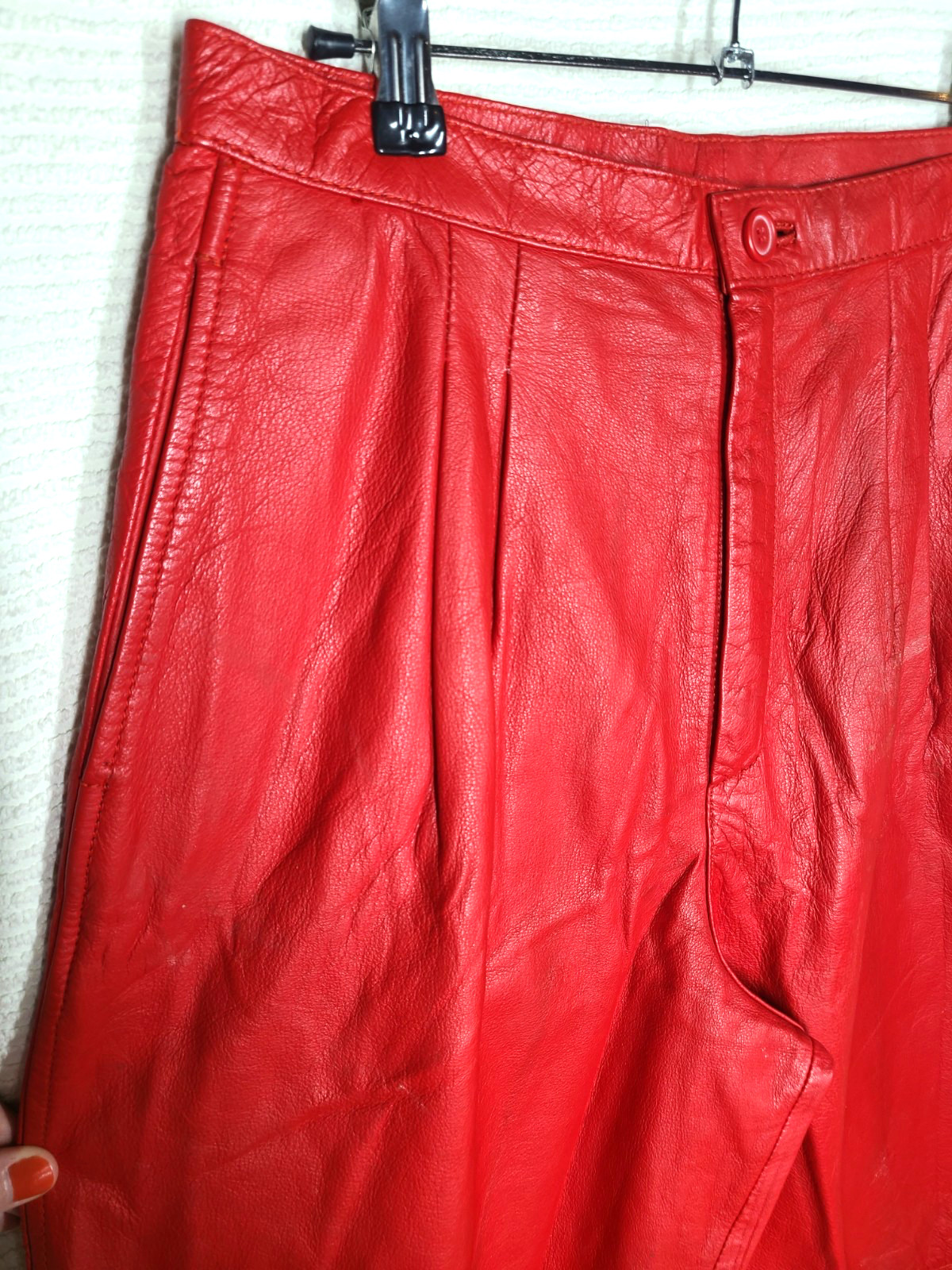 Vtg 80s Red Leather Pants Pleated High Waist 13/14 Mom Jeans Genuine Raw Hem