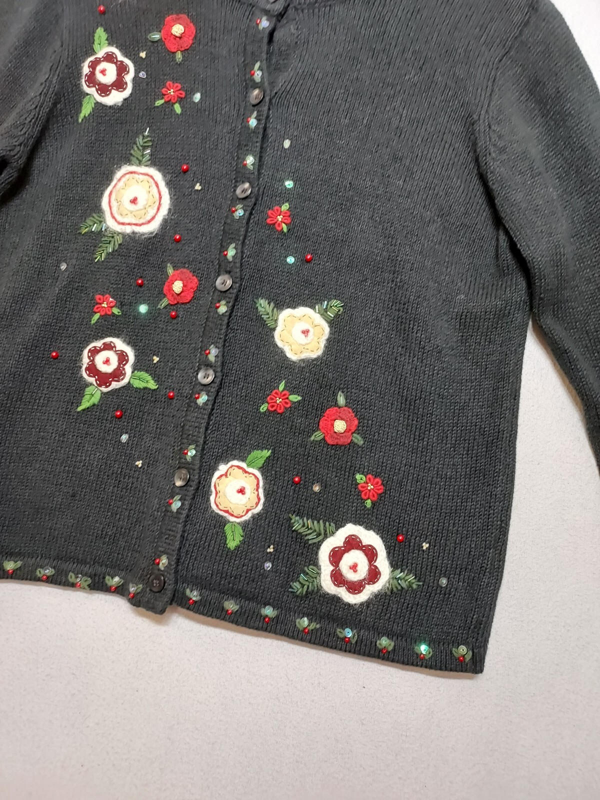 VTG Granny Core Sweater & SCARF Sz L White Stag Flowers Beaded Fringe Boho 2 Pc