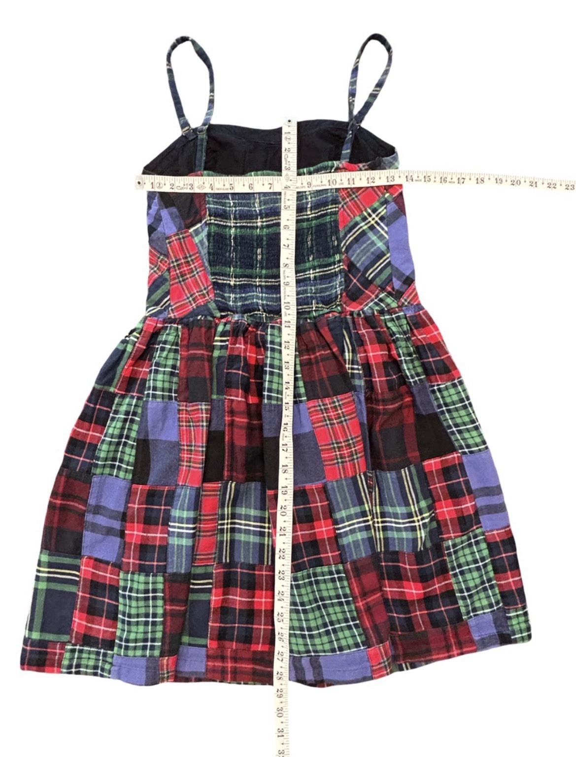 VTG 90s Grunge Plaid Patchwork Spaghetti Strap Dress Tartan Punk Indie Mini M