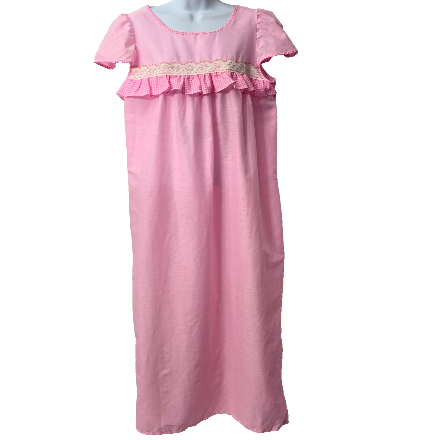 Vintage Country Nightie Night Gown M L 32 Ruffle Lace Pink Gingham Prairie 80s