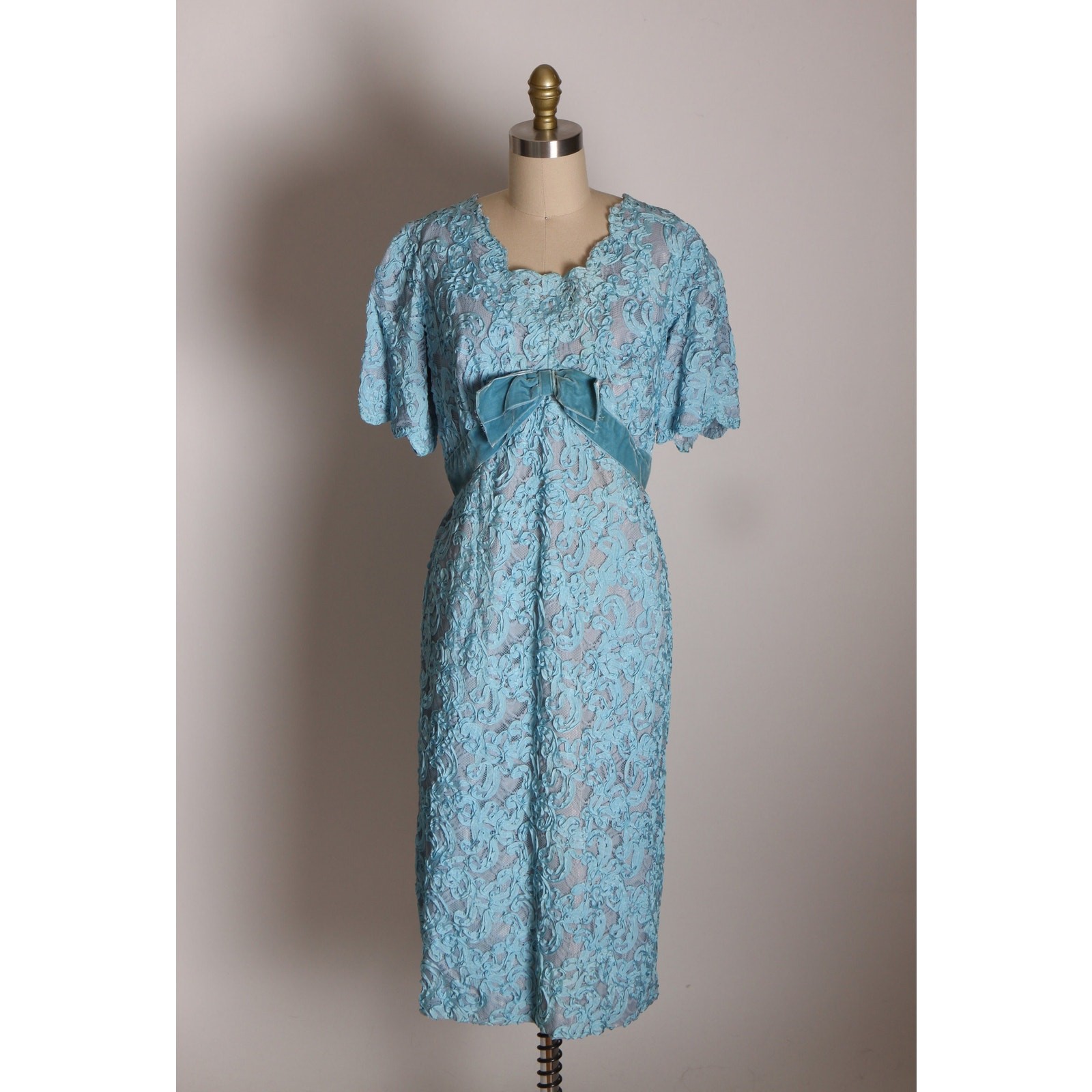 Early 1960s Blue Soutache Lace Formal Blue Velvet Bow Dress with Matching Jacket