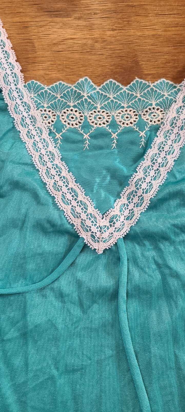 Vtg Sexy Nightgown Full Length Aqua Blue Nylon Lace Ribbon Straps Goddess Sz S