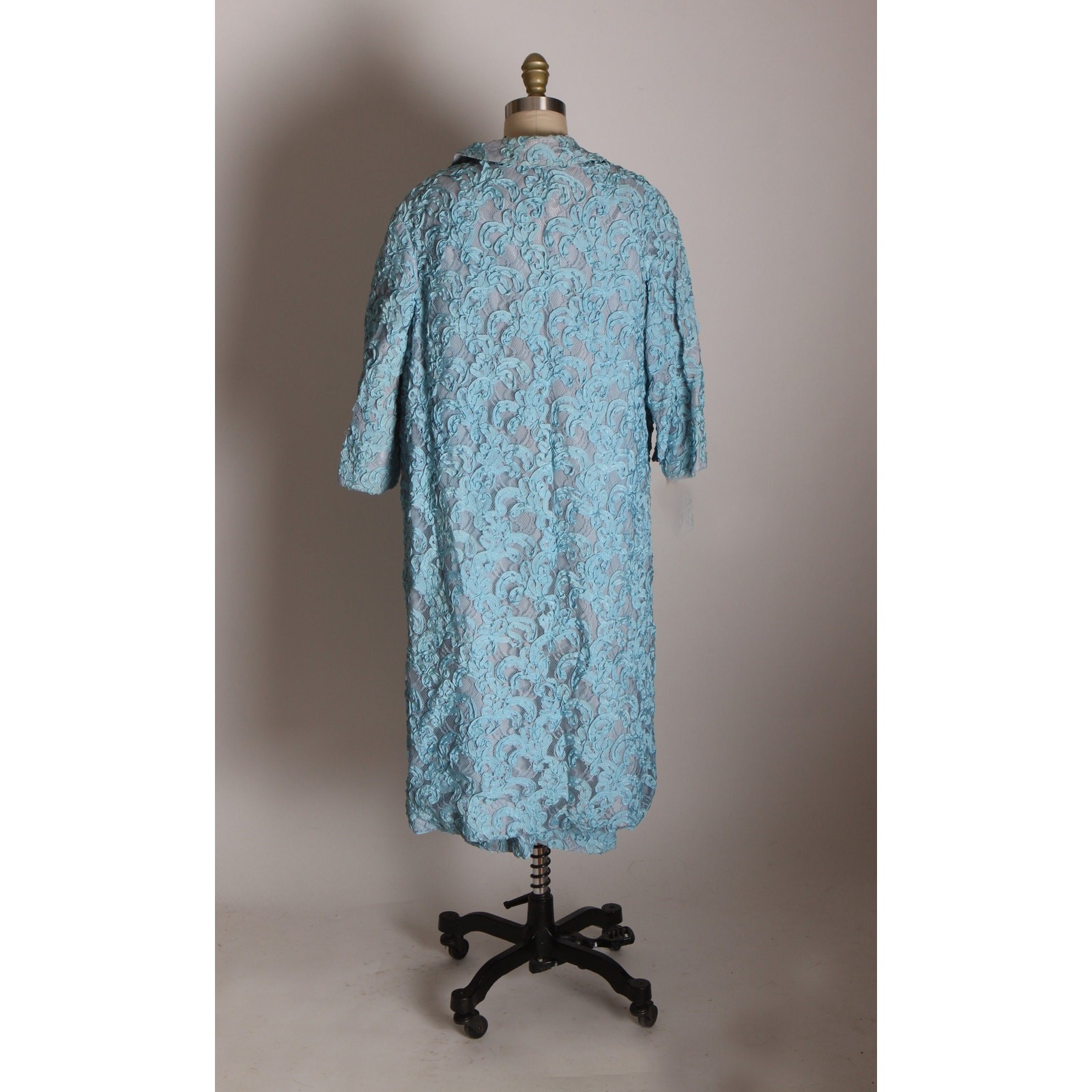 Early 1960s Blue Soutache Lace Formal Blue Velvet Bow Dress with Matching Jacket