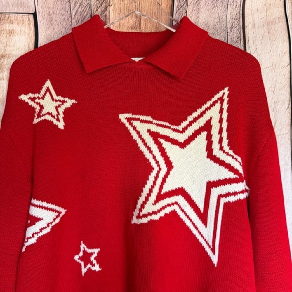 St. John Collection Red Star Intarsia Sweater Holiday Christmas Vintage Medium