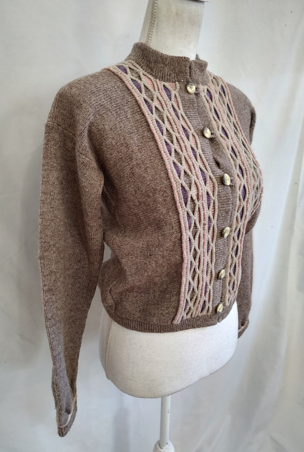Vintage 60’s Angie Dix Sweater Cardigan 100% New Wool Fancy Knit Rose Gray Small