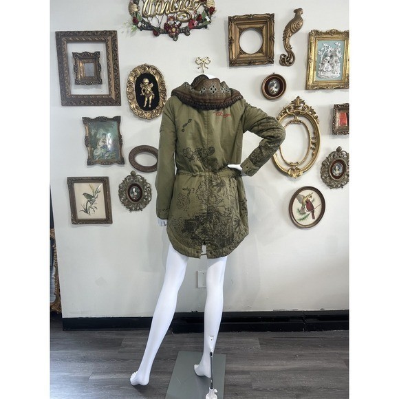 Desigual Vintage Y2K Olive Green Boho Graphic Parka Jacket 38