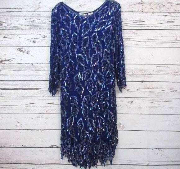Scala Vintage beaded and sequined blue gown evening dress L beaded fringe