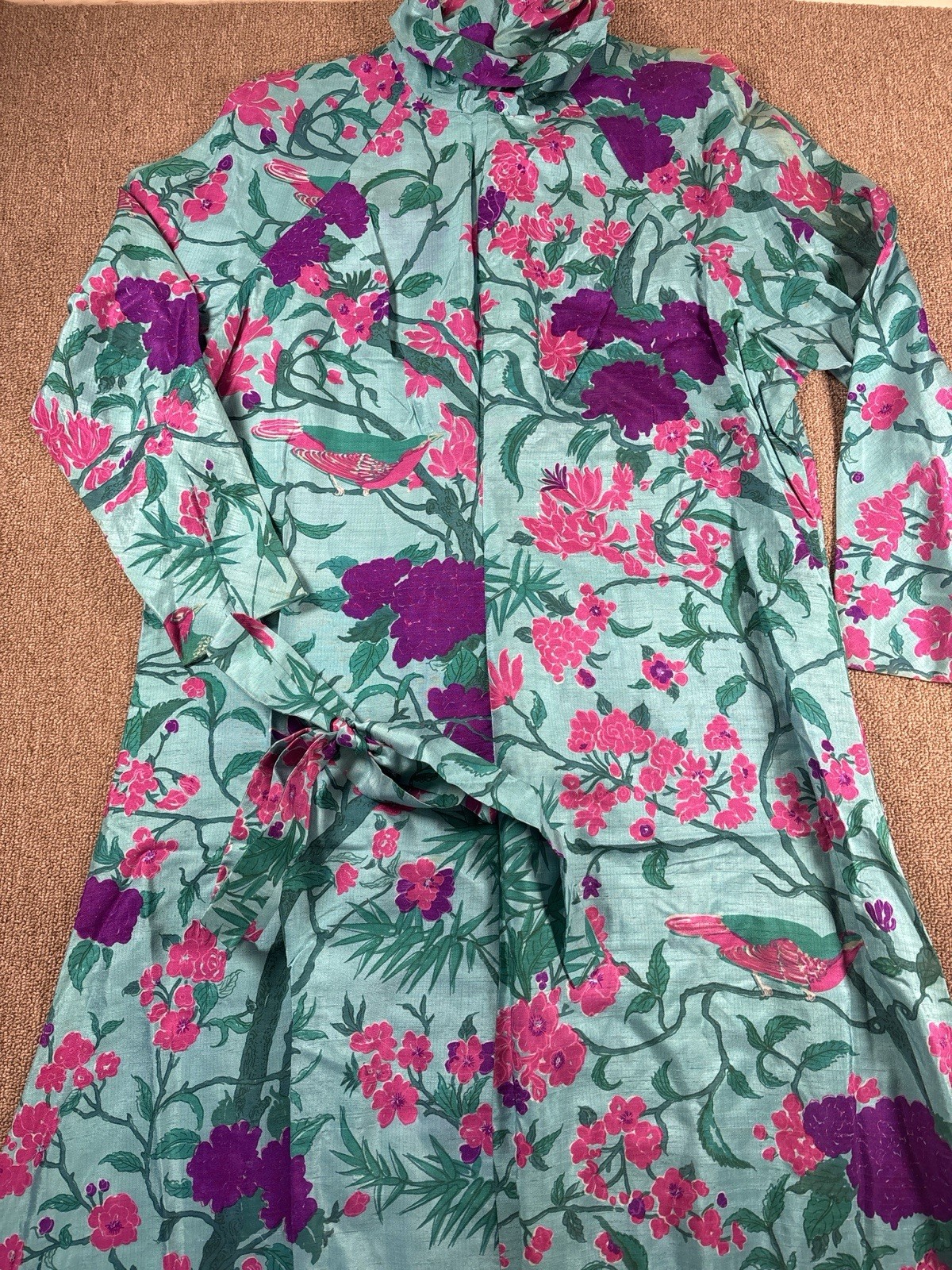 Vintage 100% Thai Silk Dress Bird Floral Print Peuan Thai Studio XS Hand Woven
