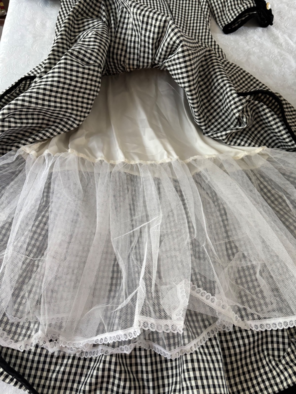 Vtg. Misty Lane Gingham Party Dress, Black Velvet Bows, 7/8