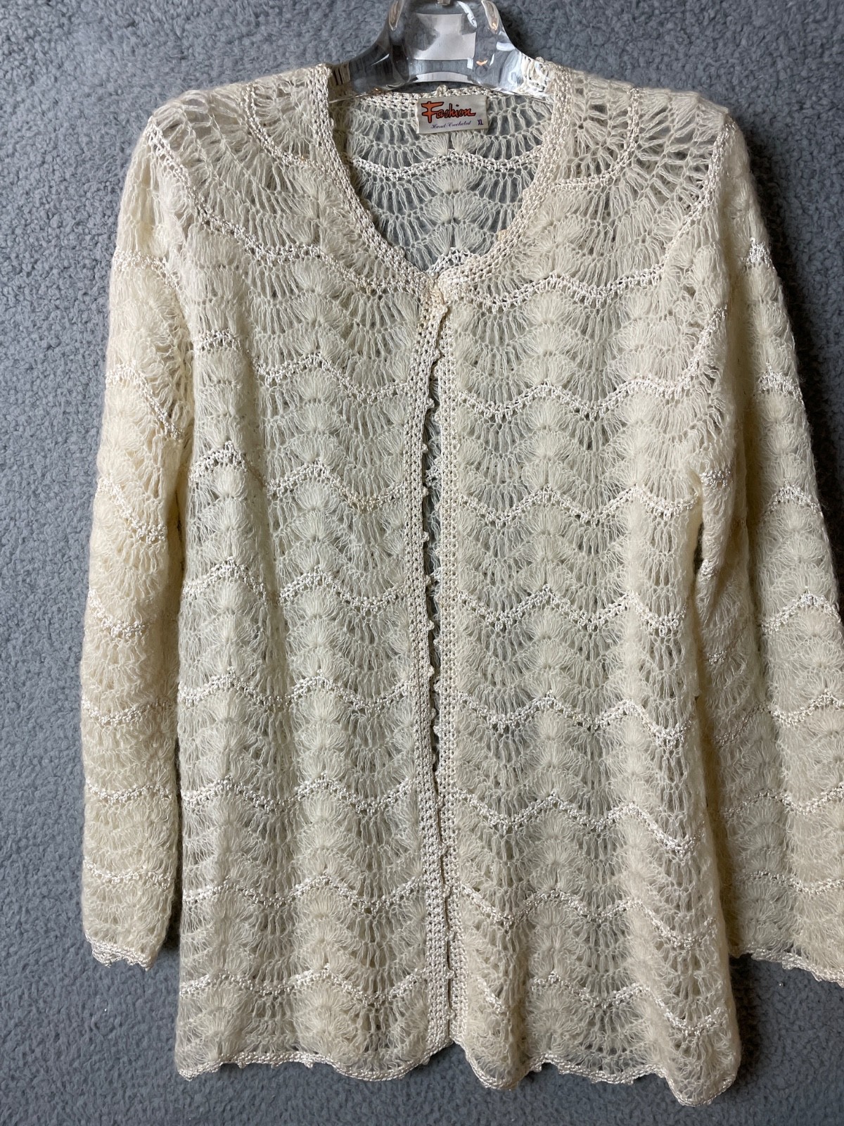 Vintage Ivory Hand-Crocheted Open Knit Cardigan Sweater Boho Shag Lace XL VTG