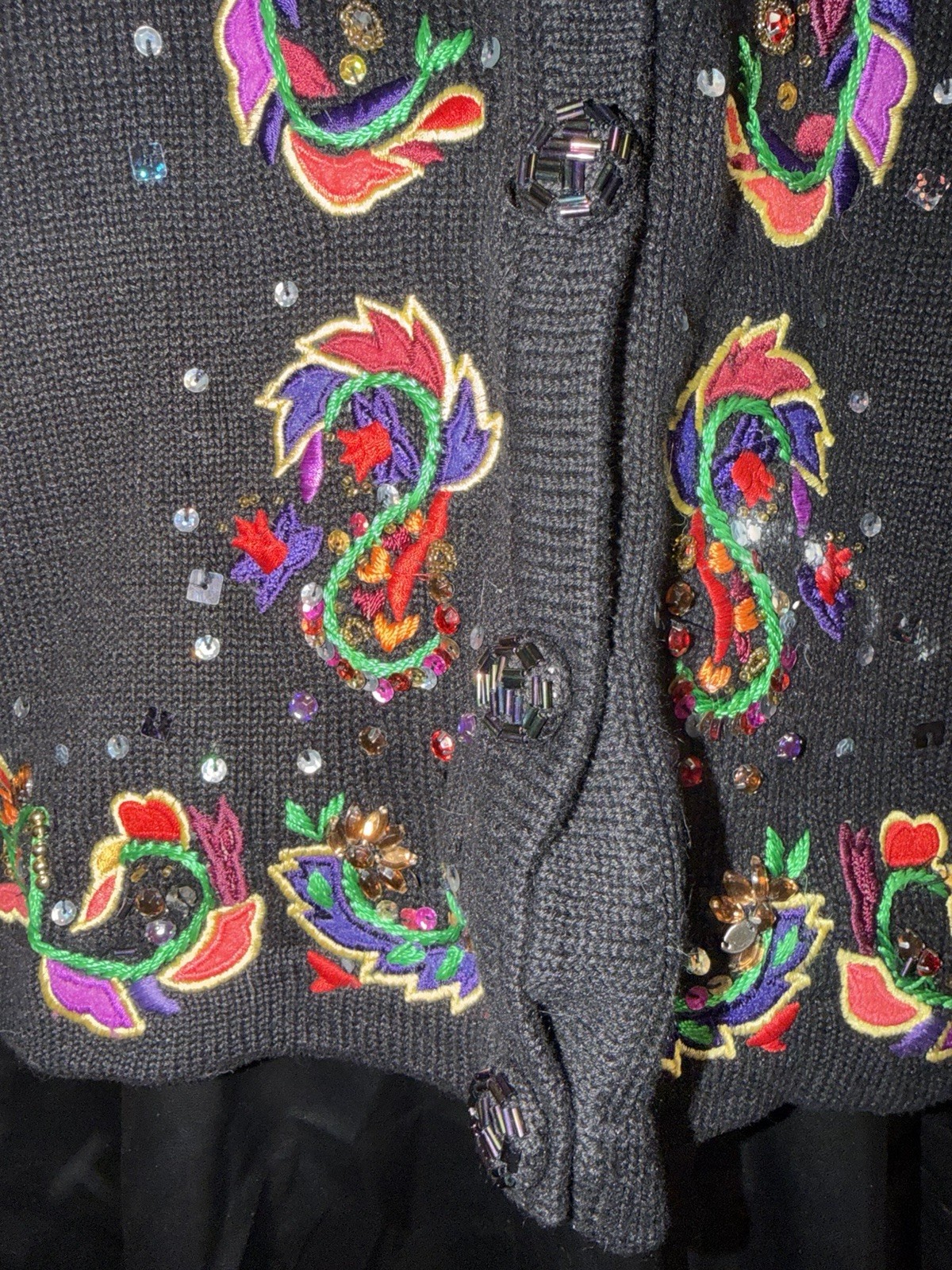 Jack B Quick Button Cardigan Sweater Size Large Sequins Beads Rhinestones Black