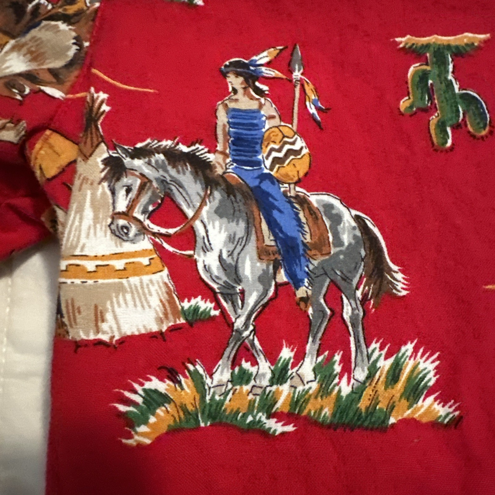 Vintage Gotcha Covered Southwestern Aztec Cowboy & Indian Horse Print Shirt USA