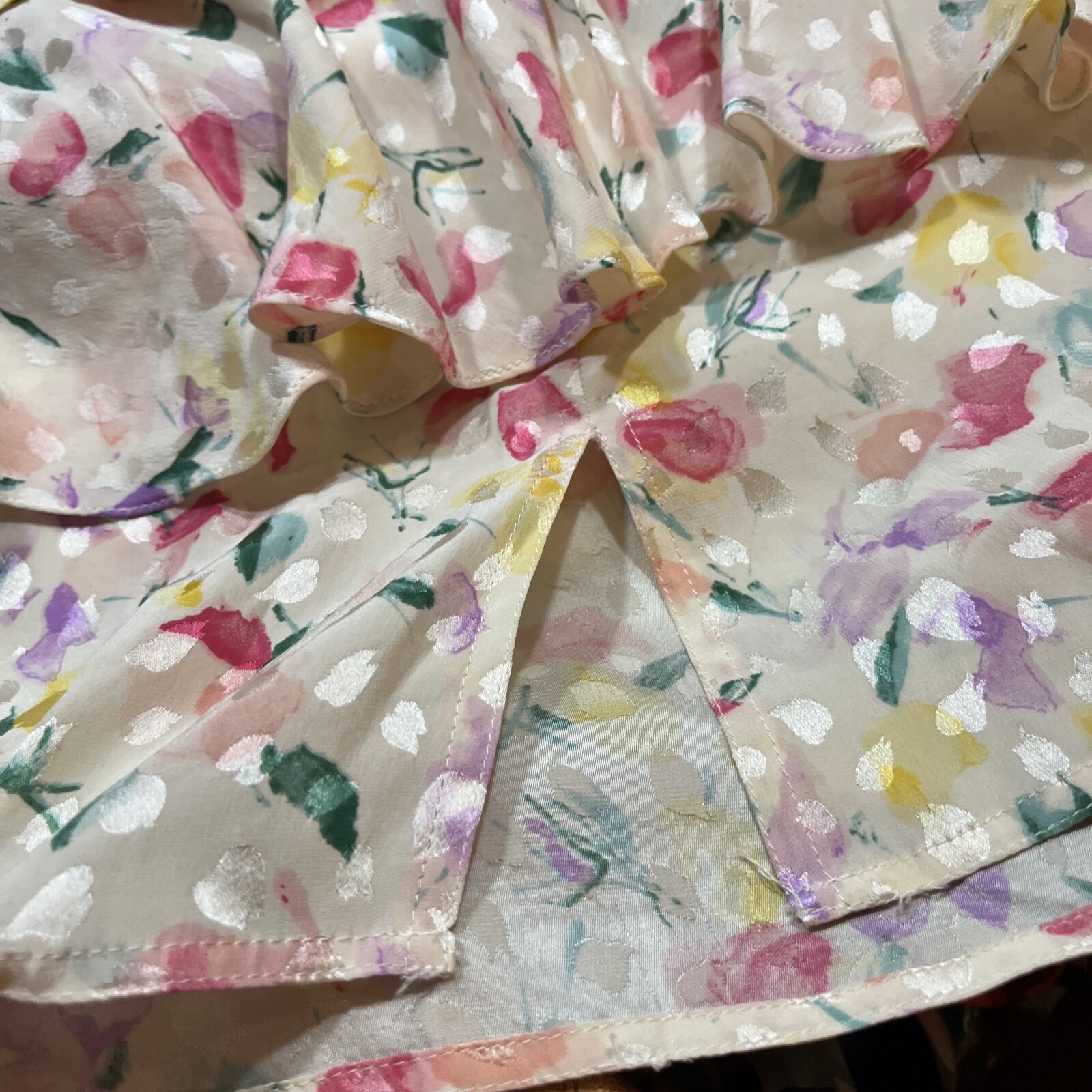 Floral SILK TIERED RUFFLES DRESS WHIMSY Fairy COQUETTE prairie Yellow Pink Sz 14