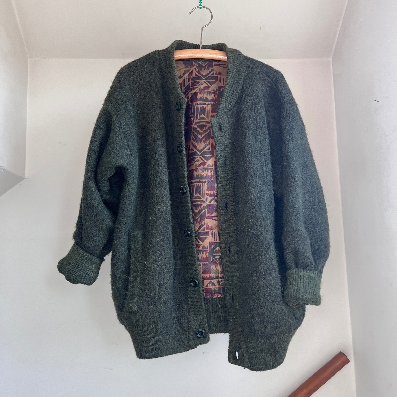Vintage Cardigan Sweater XL Green Mohair Wool Blend Quilted Lined Oversized