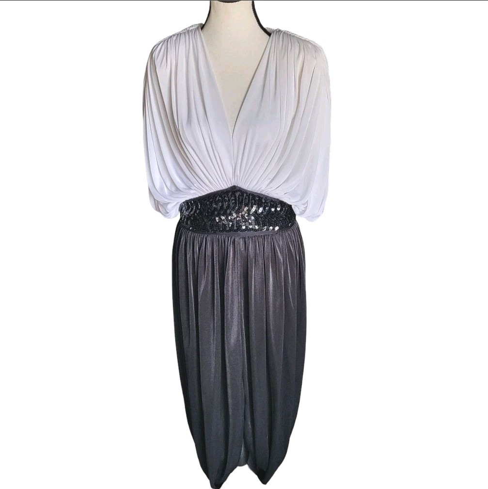 1980s Lizzy&Johnny Drapey White/Black Vintage Disco Midi Dress Sequin Waist Sz 6