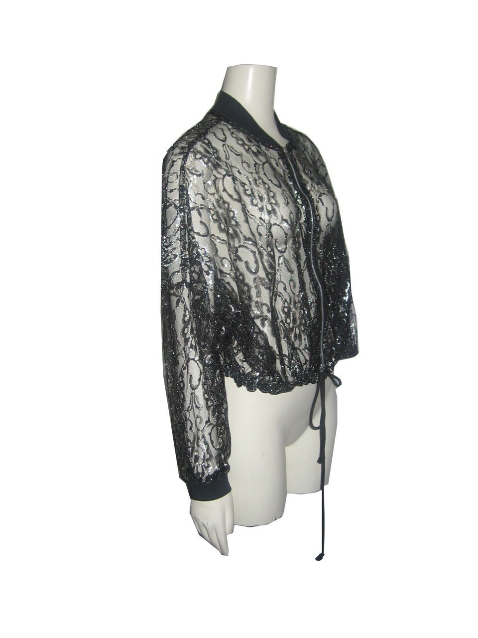 Black Metallic Mesh Lace See Thru Zipper Front Drawstring Waist Grunge Jacket