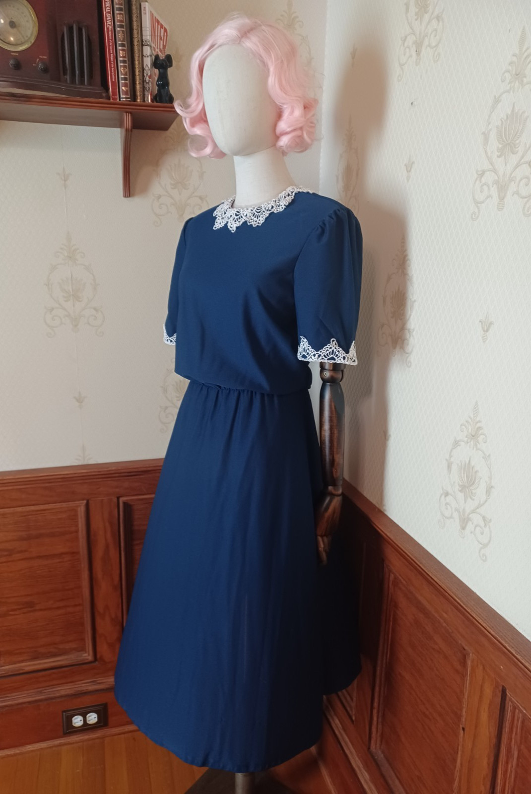 Vintage 1960s/1970s Carriage Court Union-Made Navy Cottagecore Dress w/Lace Bib