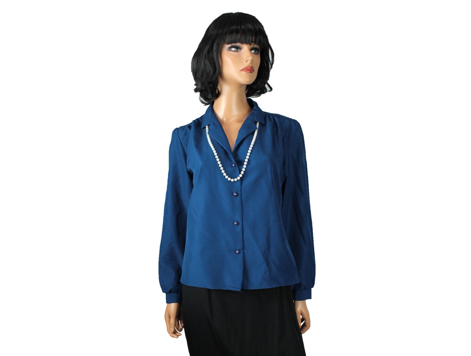 Vintage Dress Shirt M Leila Ann Dark Blue Blouse White Faux Pearl Necklace