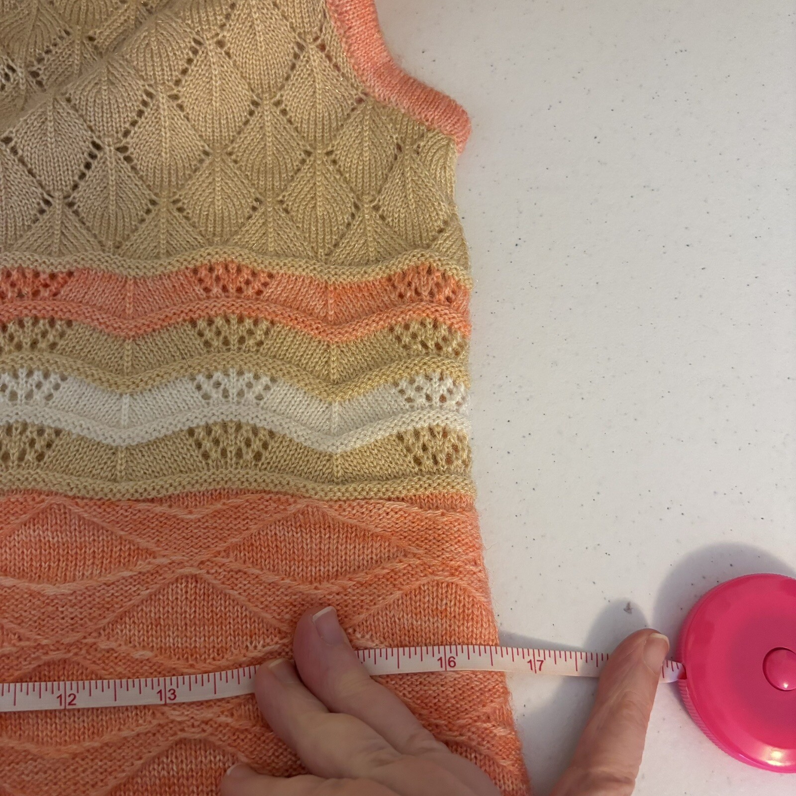Vintage 70s Size Small Crochet Knit Button Down Tunic Length Cardigan Peach Tan
