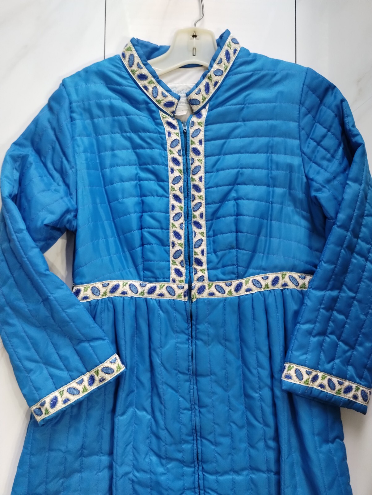 Loungewear Lingere Bathrobe Dressing Gown Quilted Satin? S Trim blue Pockets
