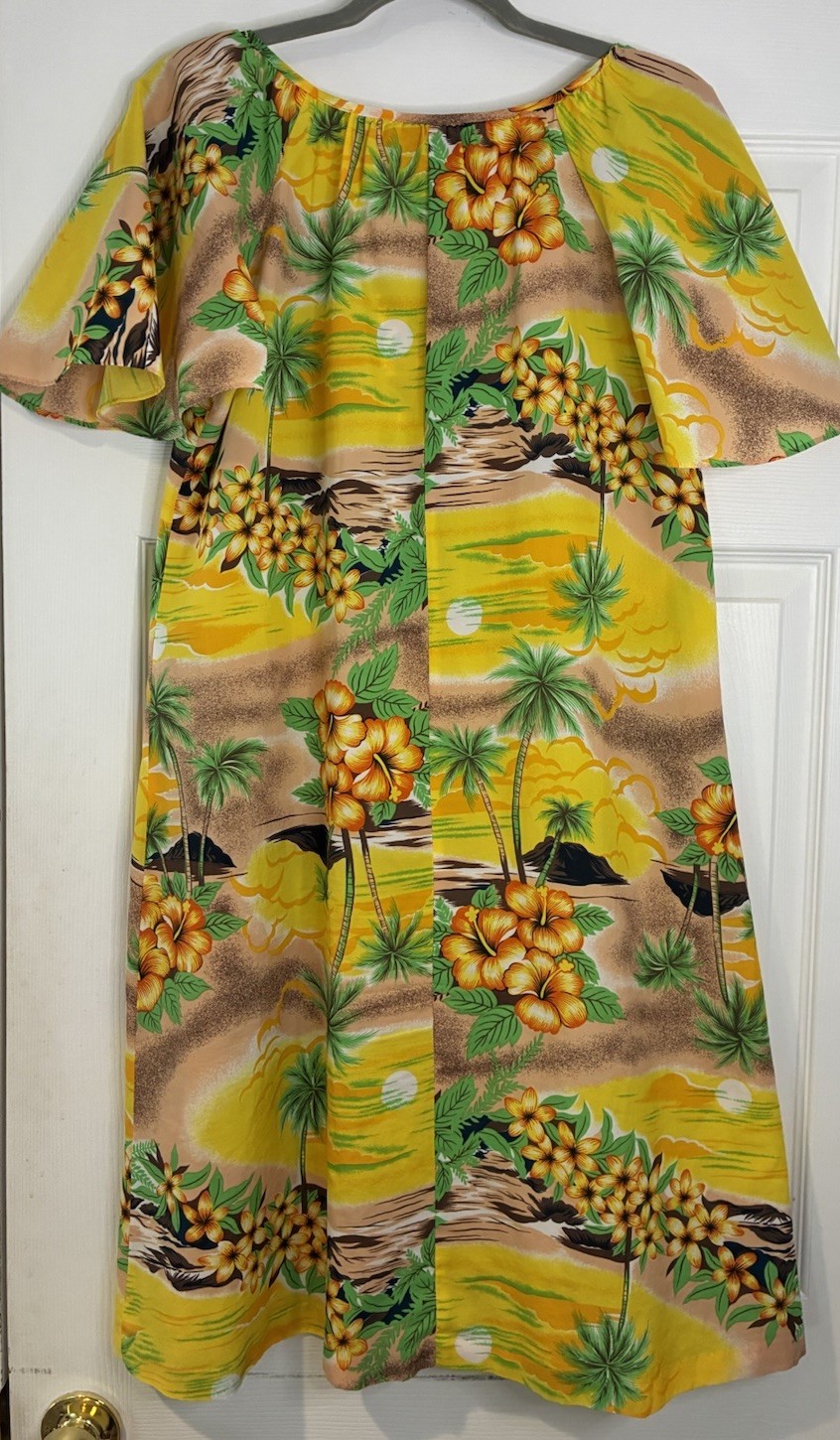 Pomare Hawaii Palm Tree Floral Dress Tiki Acrylic 70’s Vibrant No Size Tag/Flaws