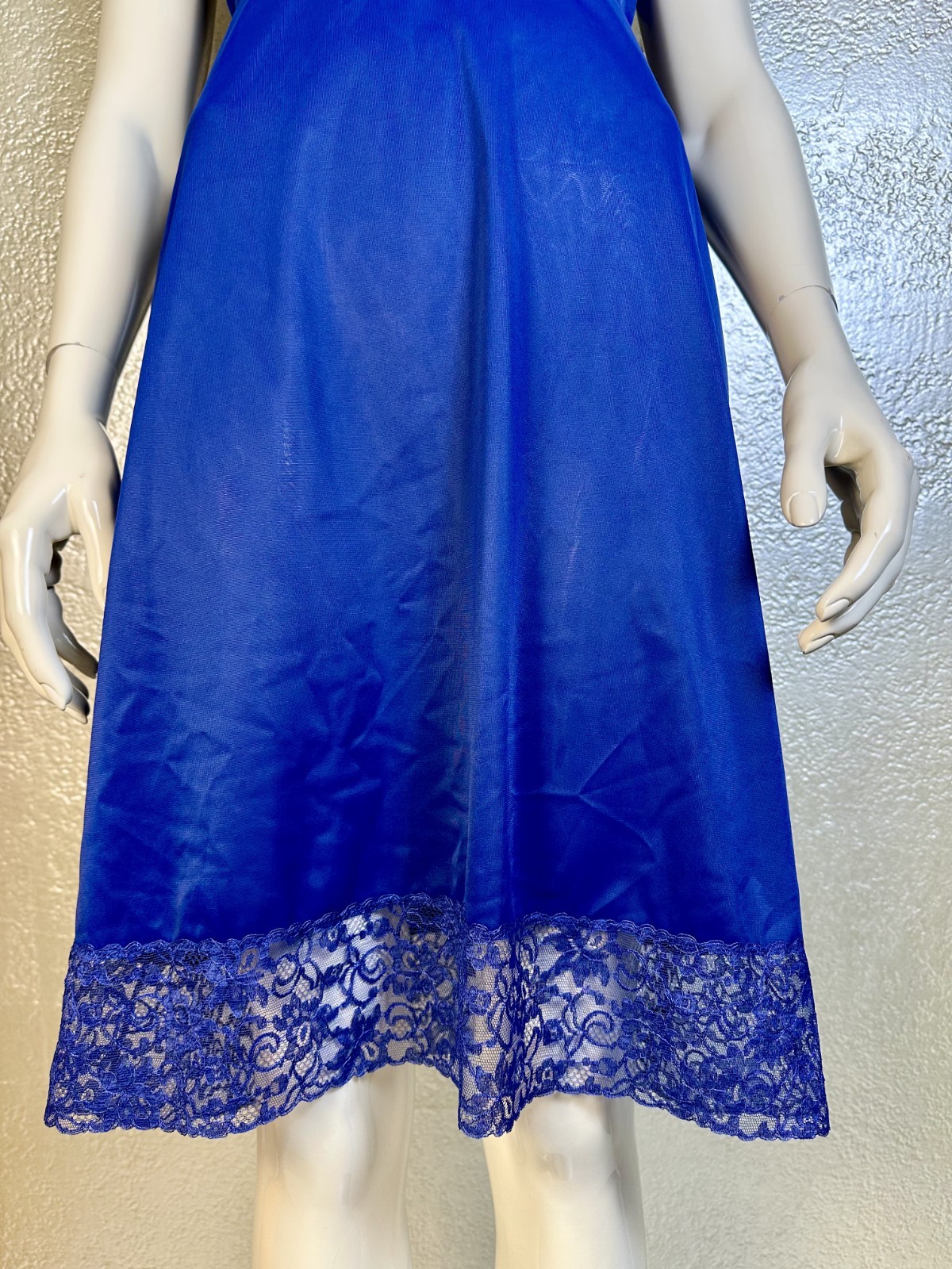 Vintage 1950’s LAROS Bright Blue Dress Slip Nylon Nightgown Sheer Lace S/M