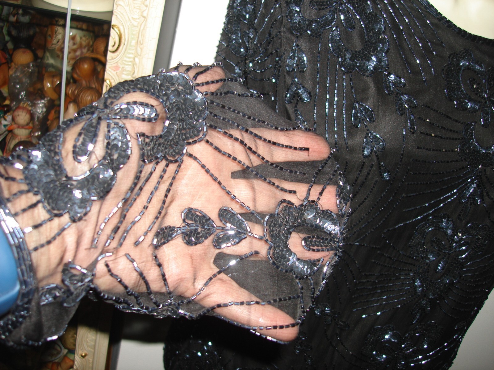 Vintage Unique Nice STENAY EVENING Black Silk Beaded Cocktail Long Sleeve Top L