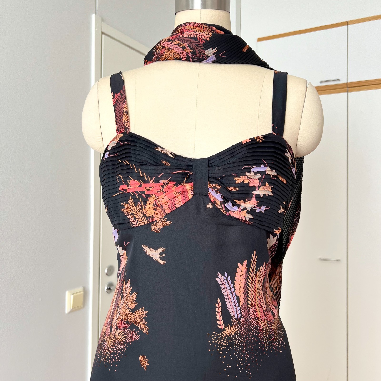 1970s Floral Maxi Dress w/ Scarf Boho Hippie Retro Aline Wedding Guest Summer 42