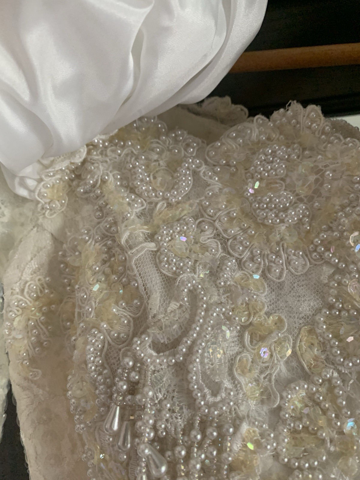 Vintage 80’s-90’s Sequin Beaded Ivory Formal Dress Gown Bow Sleeves Wedding Prom