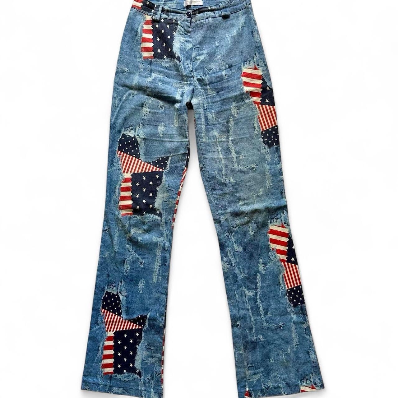 Y2K Keoki Donna Flag Print Pants Womens Low Rise Flare Stretch Italy AU 8 10