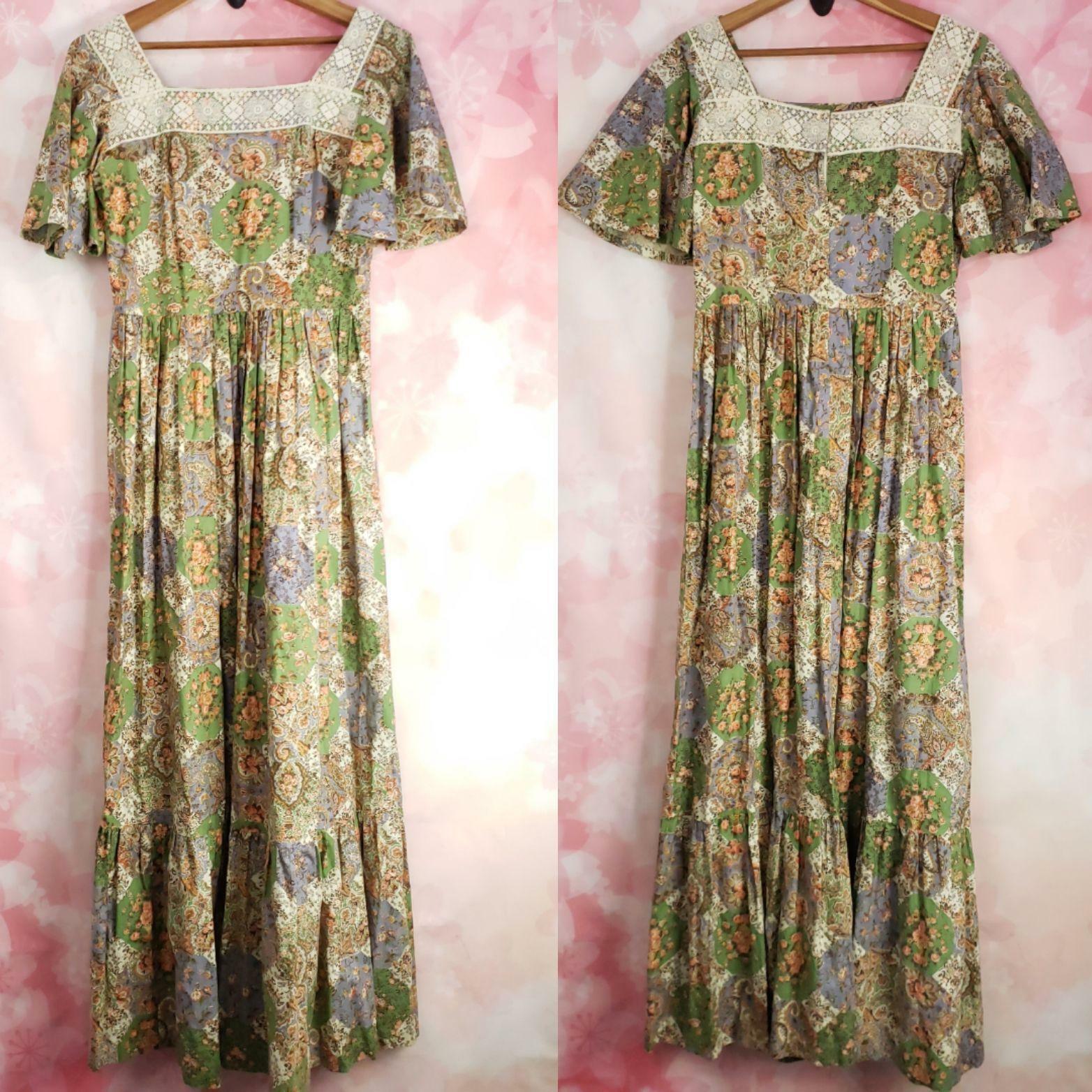 VINTAGE Handmade Maxi Boho Square Neck Gypsy 1970’s Tiered Cottagecore Dress