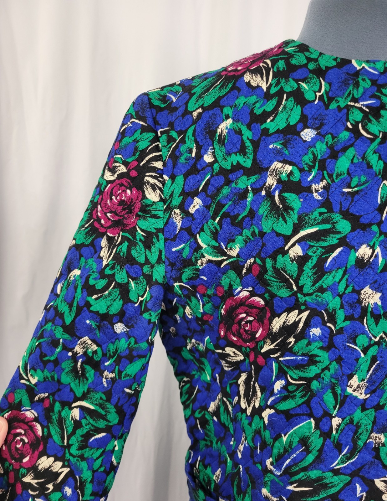 Vtg Stephen Douglas Ltd Blue & Green w Purple Flowers Quilted Jacket Size 14