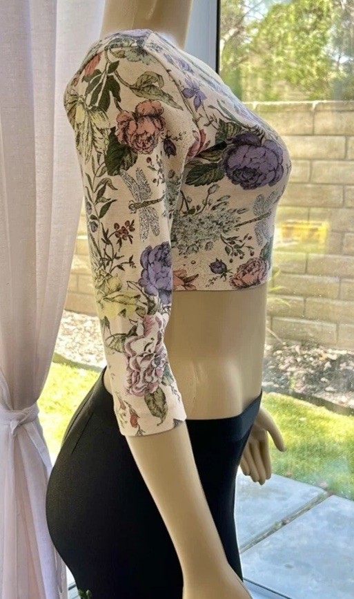 Vintage Judy Knapp California Floral Crop Top Size S Small 3/4 Sleeves