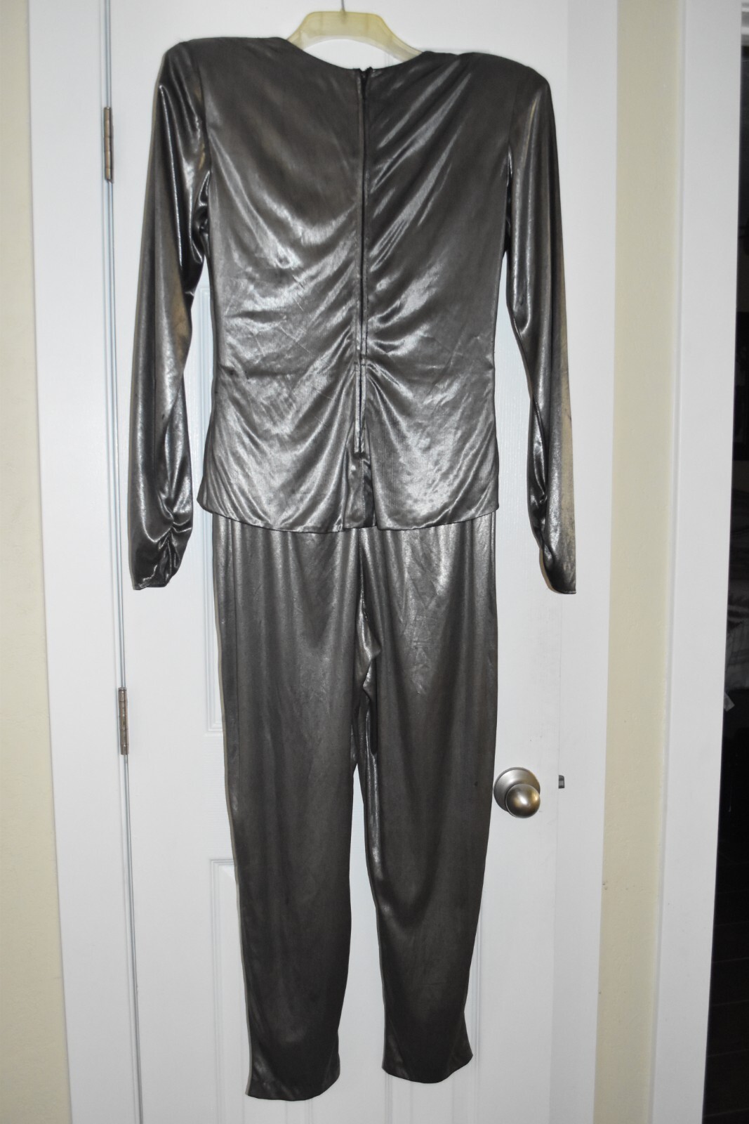 80s DISCO David Howard Silver Metallic Satin Jumpsuit One Piece Lounge petite 12