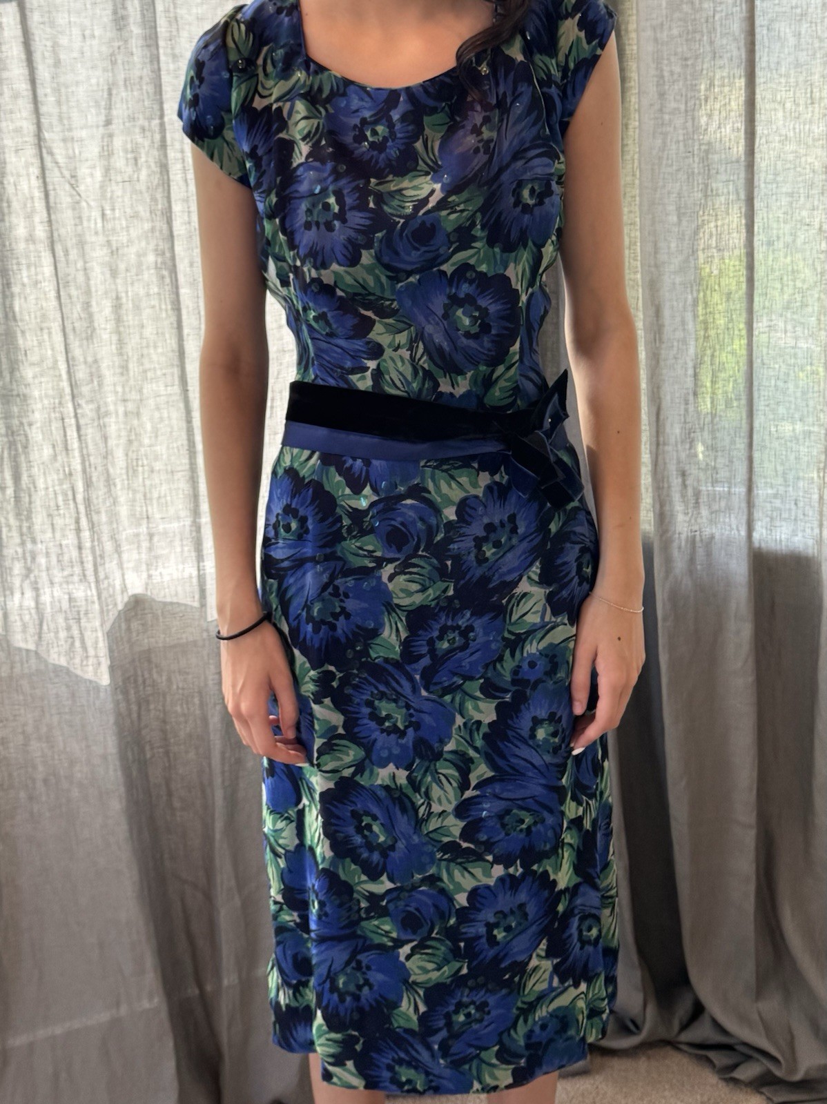 1960s Vintage Silk Chiffon Party DRESS Blue/Green Floral Lined Taffeta M Sequin