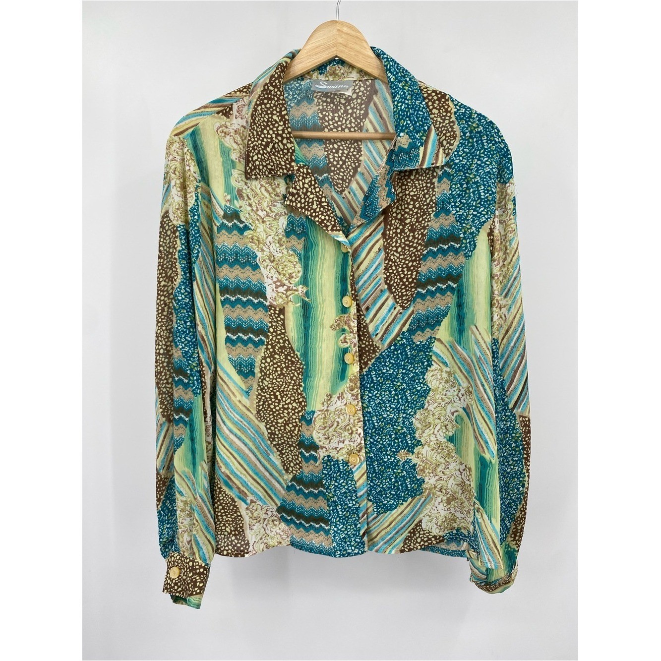 y2K Swann Women’s Vintage Retro Patterned Sheer Abstract Button Up Blouse 14