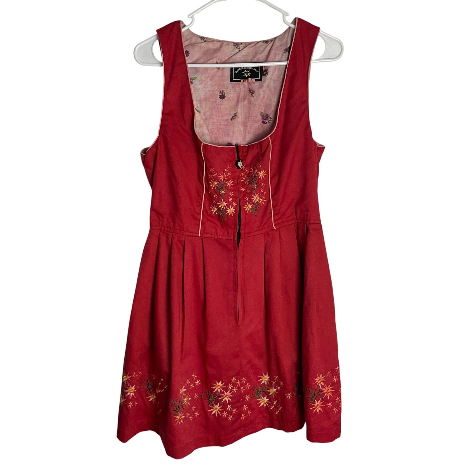 Vintage Dirndl Trachten Haus Womens Floral Jumper Dress Sz 42/S Red Alpine Folk