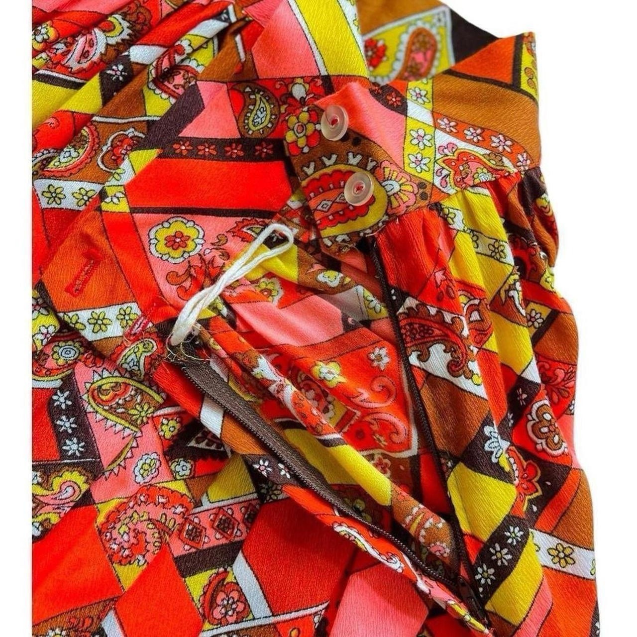Vintage Retro 60s 70’s Polyester Paisley Orange Yellow Pink Brown A-Line Skirt