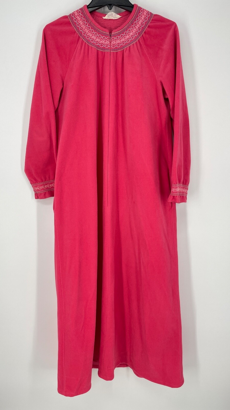 VTG Vanity Fair Womens S/M Housecoat Robe Half Zip Velour Embroidered pink maxi