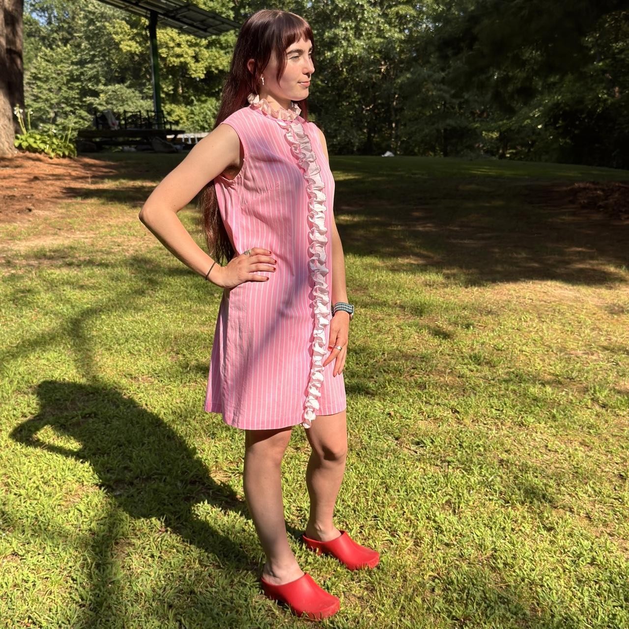 60s mod bubblegum pink candy stripe cotton mini dress w/ fun ruffle collar