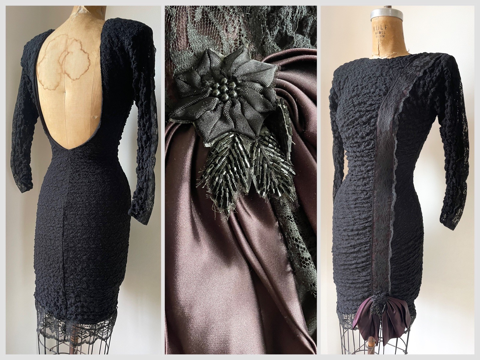 Vintage ‘80s Climax Karen Okada Black Lace Bodycon Mini Dress Halloween XS/S