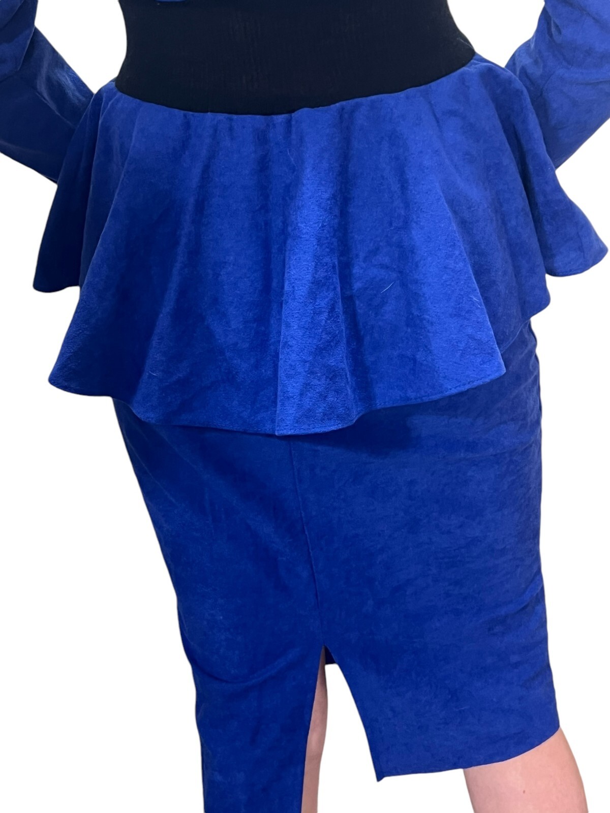 XS~S Vtg 80s Sz 3/4 Blue Velour Dress Peplum Pencil Skirt Dolman Sleeve T Junior
