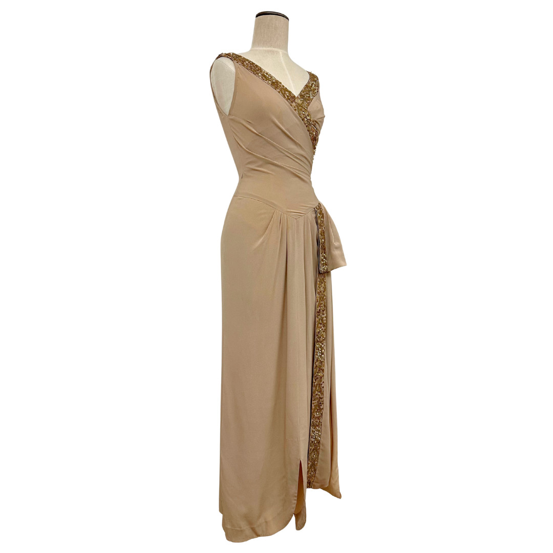 Vintage 1930s Draped Beige Sequin Hollywood Glamour Art Deco Evening Gown