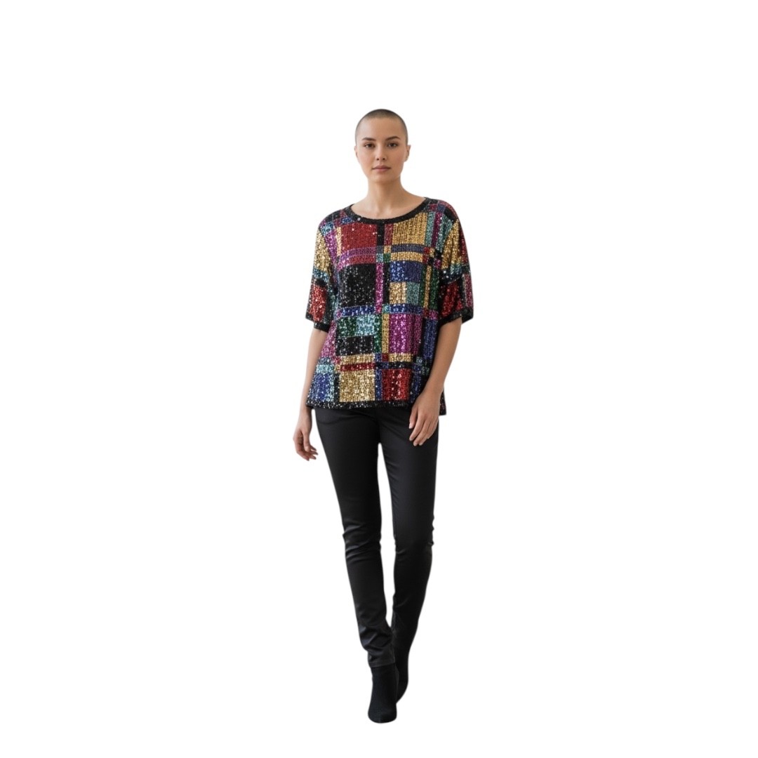 Vintage 80s Jean for Joseph Le Bon Silk Color block Beaded Sequined Blouse, Med